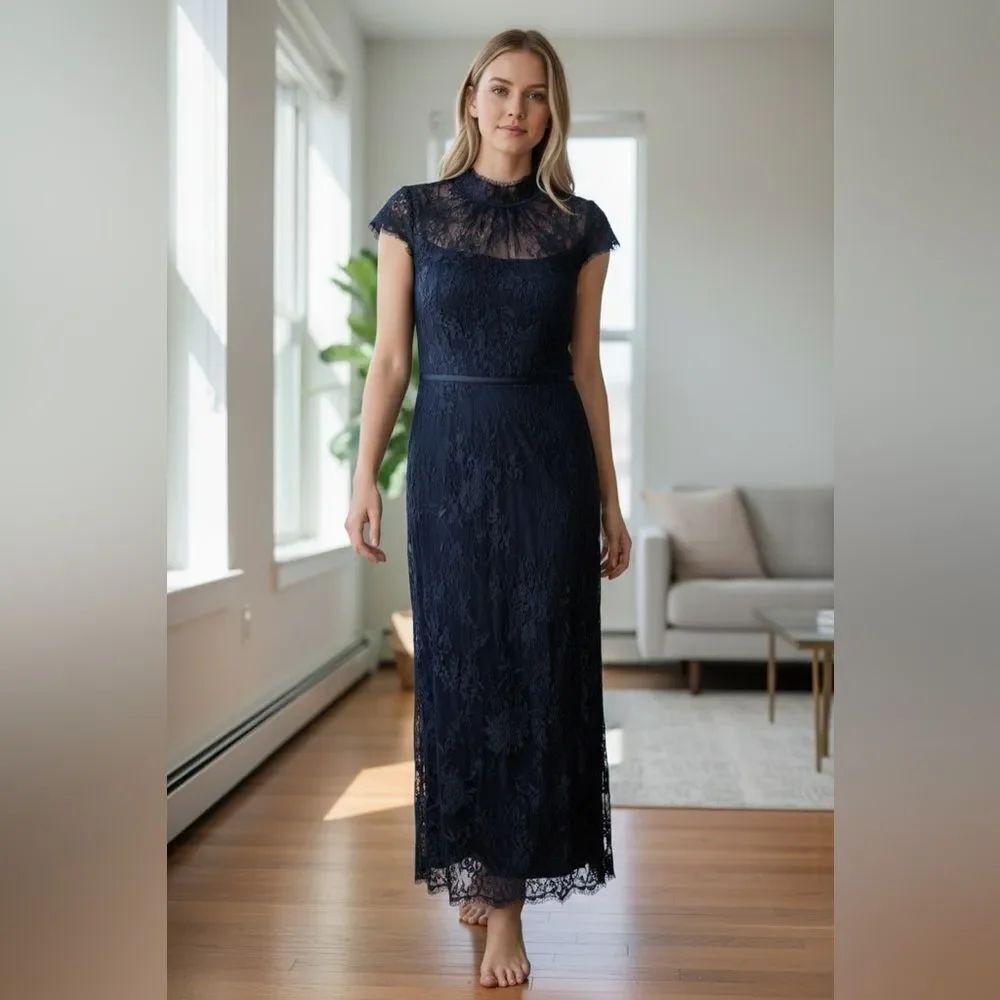 Marchesa Notte Navy Lace Bib Dress Size 6